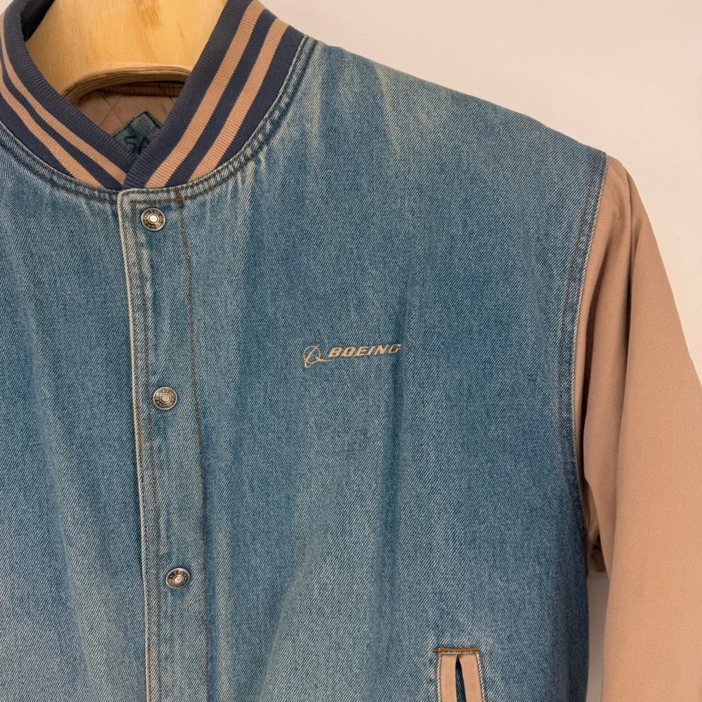 Tri-Mountain Boeing Denim Varsity Jacket Mens XL Blue Tan Bomber Style 7700